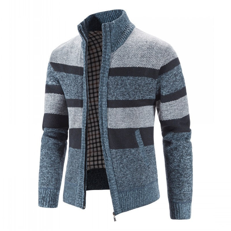 Herren modischer Strickpullover mit durchgehendem Reißverschluss und gestreiftem Design R&B
