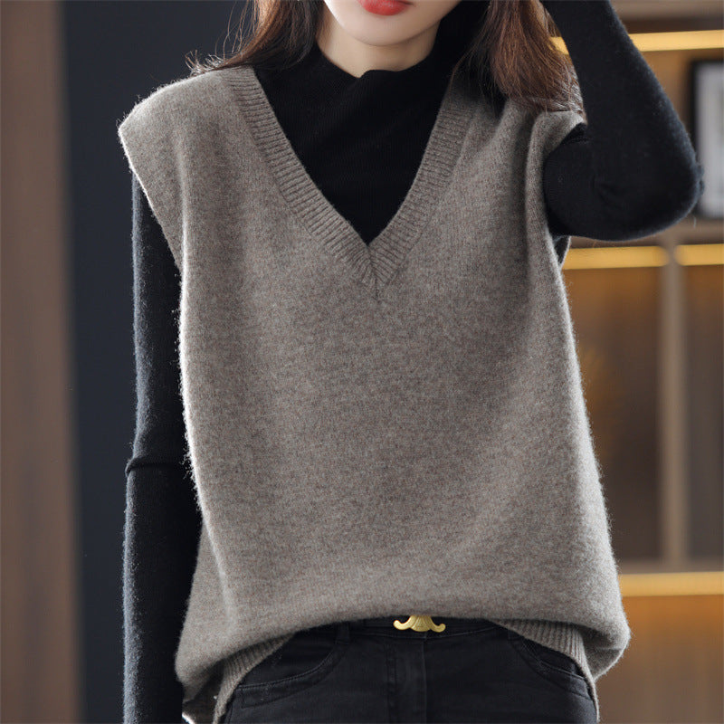 Damen Ärmellose Strickweste mit V-Ausschnitt und Feiner Textur R&B
