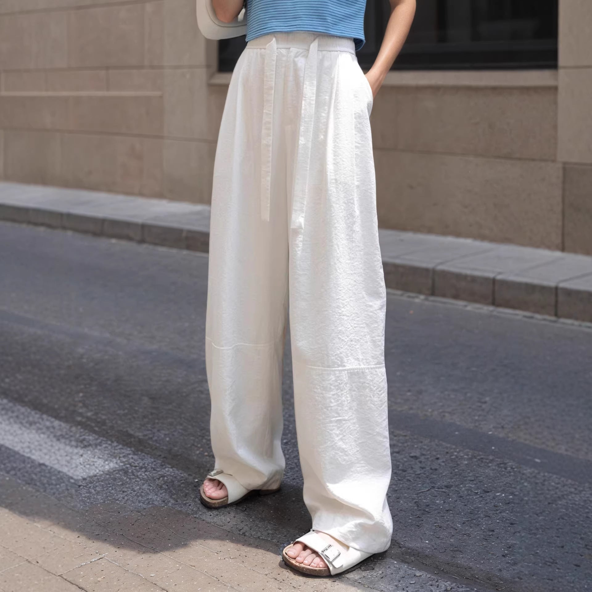 Damen Lässige und bequeme weite Hose mit seitlichem Bindegürtel R&B