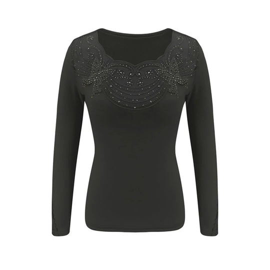 Damen Elegantes Oberteil mit transparentem Spitzenverlauf und funkelnden Applikationen R&B