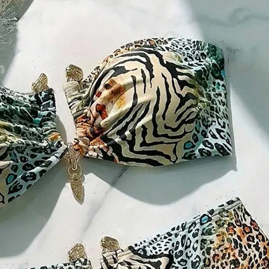 Damen Bandeau-Bikini mit animalischem Muster und dekorativem Verschluss R&B