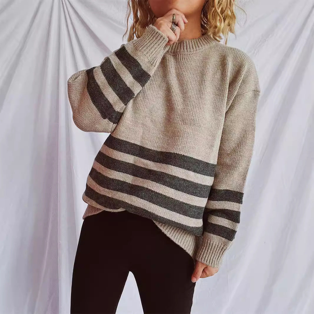 Damen lässiger Oversize-Pullover mit modernem Streifenmuster R&B