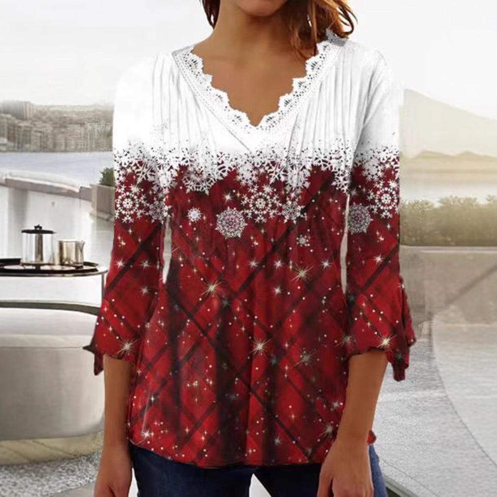 Damen nan Tunika-Bluse mit Spitzen-V-Ausschnitt, feiner Plissee-Passe und winterlichem Schneeflocken-Print R&B