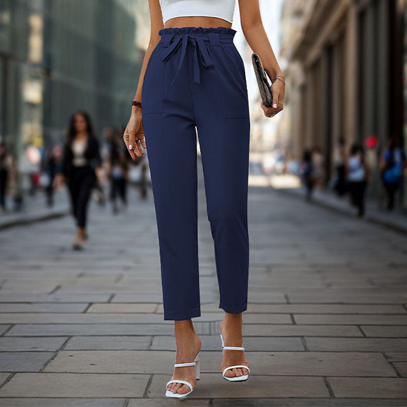 Damen elegante Chino-Hose mit hohem Bund und Taillenzug R&B