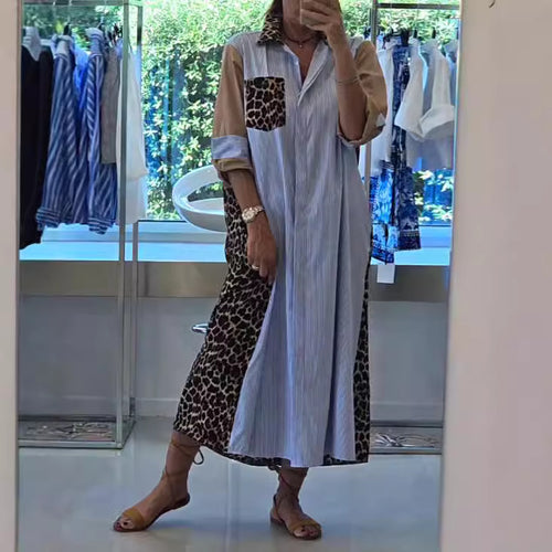Damen nan Hemdblusenkleid im Printmix mit Leoprint-Seiteneinsätzen, Nadelstreifen-Passe und aufkrempelbaren Ärmeln R&B