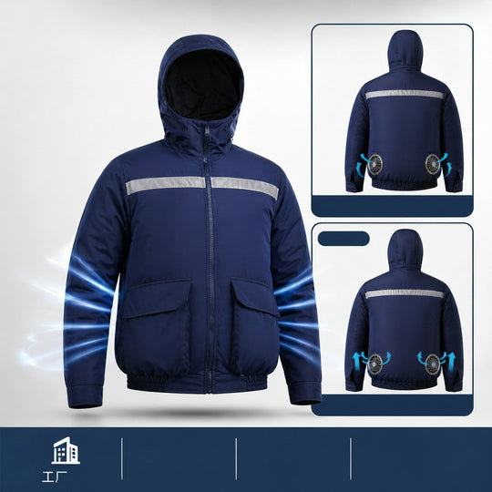 Unisex nan ventilated jacket for work and outdoor with integrated USB fans, battery compartment and hood R&B