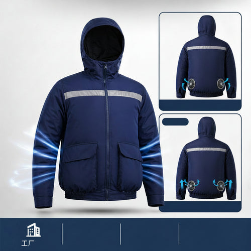 Unisex nan ventilated jacket for work and outdoor with integrated USB fans, battery compartment and hood R&B