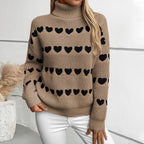 Damen Strickpullover mit Herzmuster und hohem Kragen
