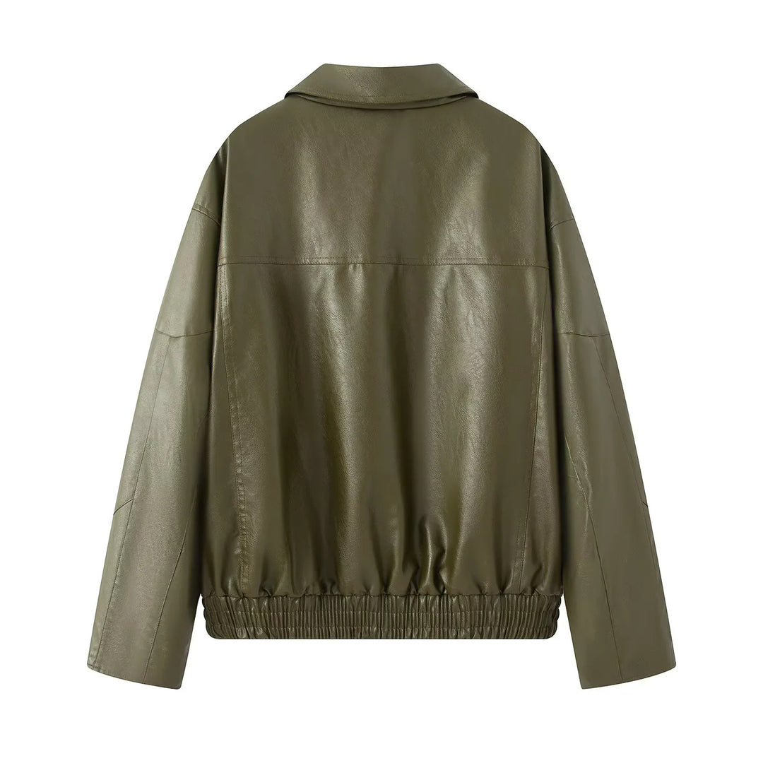 Damen modische Kunstlederjacke mit elastischem Saum und praktischen Taschen R&B