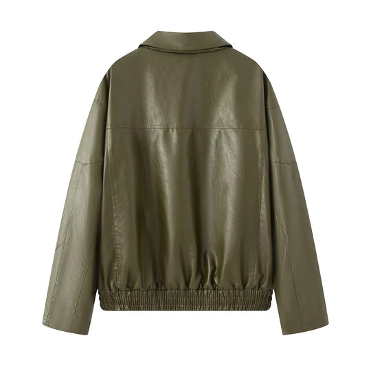 Damen modische Kunstlederjacke mit elastischem Saum und praktischen Taschen R&B