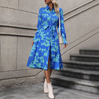 Damen langärmliges Maxikleid mit floralen Mustern und elegantem Gürtel