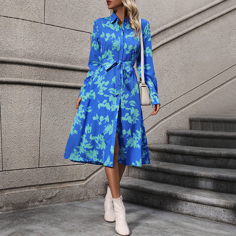 Damen langärmliges Maxikleid mit floralen Mustern und elegantem Gürtel