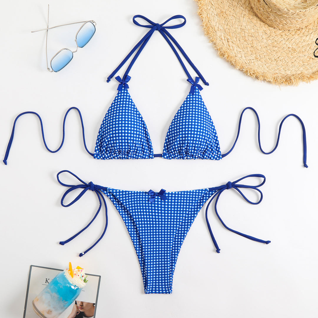 Damen Triangel-Bikini mit verspieltem Karomuster und schmalen Bindebändern R&B