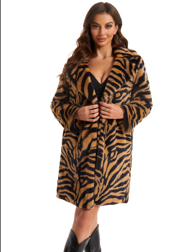 Damen Stylish und flauschiger Kunstfellmantel mit Zebra-Design R&B