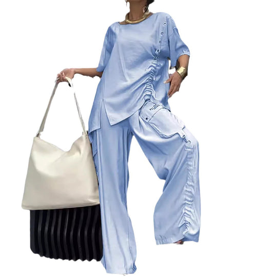 Damen nan legeres zweiteiliges Set mit übergroßem Rundhals-Shirt, seitlicher Raffung und weiter Cargo-Hose R&B