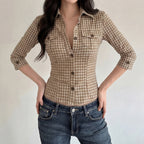 Damen Karierte Bluse mit tailliertem Schnitt und Brusttaschen R&B