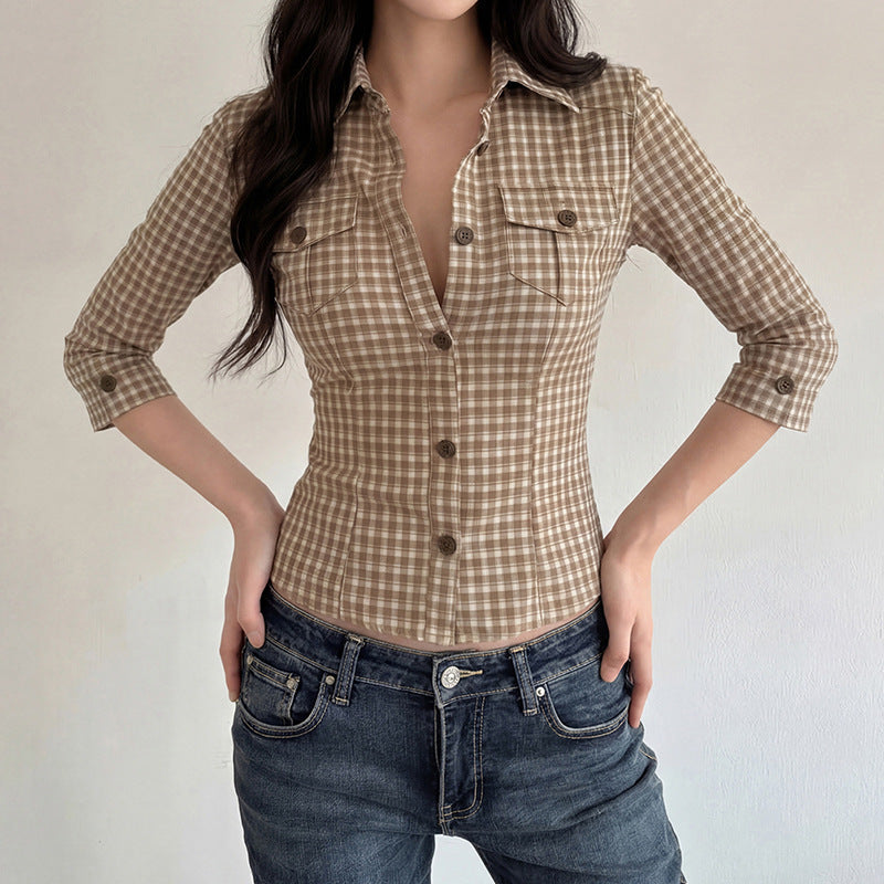 Damen Karierte Bluse mit tailliertem Schnitt und Brusttaschen R&B