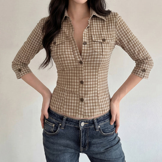 Damen Karierte Bluse mit tailliertem Schnitt und Brusttaschen R&B