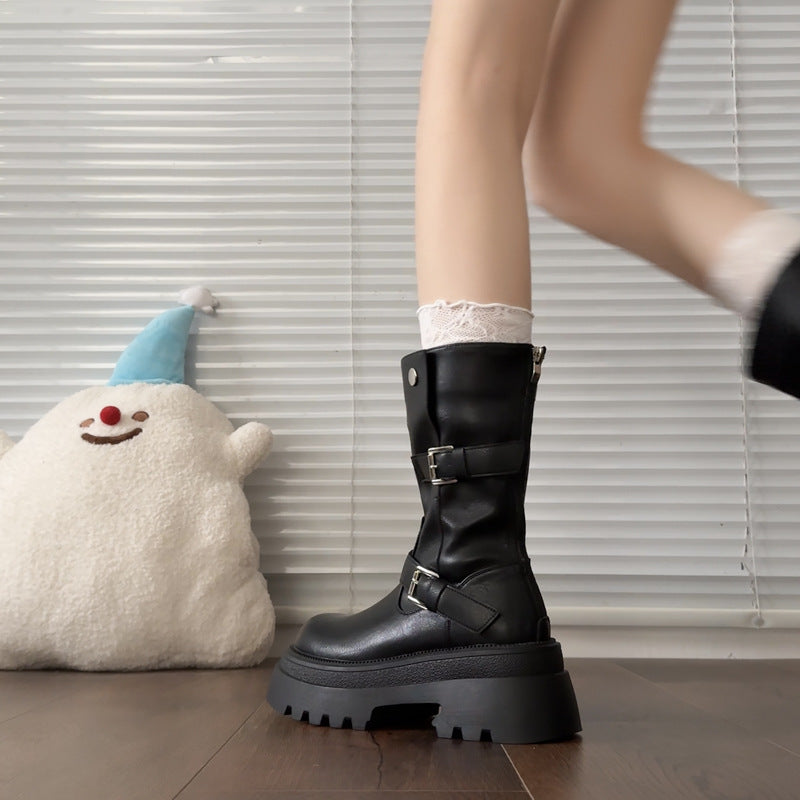 Damen modische kniehohe Stiefel mit verstellbarem Riemendesign und robustem Profil R&B