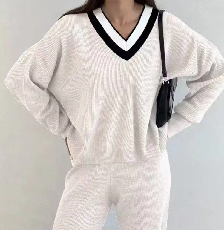 Damen gemütlicher V-Ausschnitt Pullover mit gestreiftem Kragen