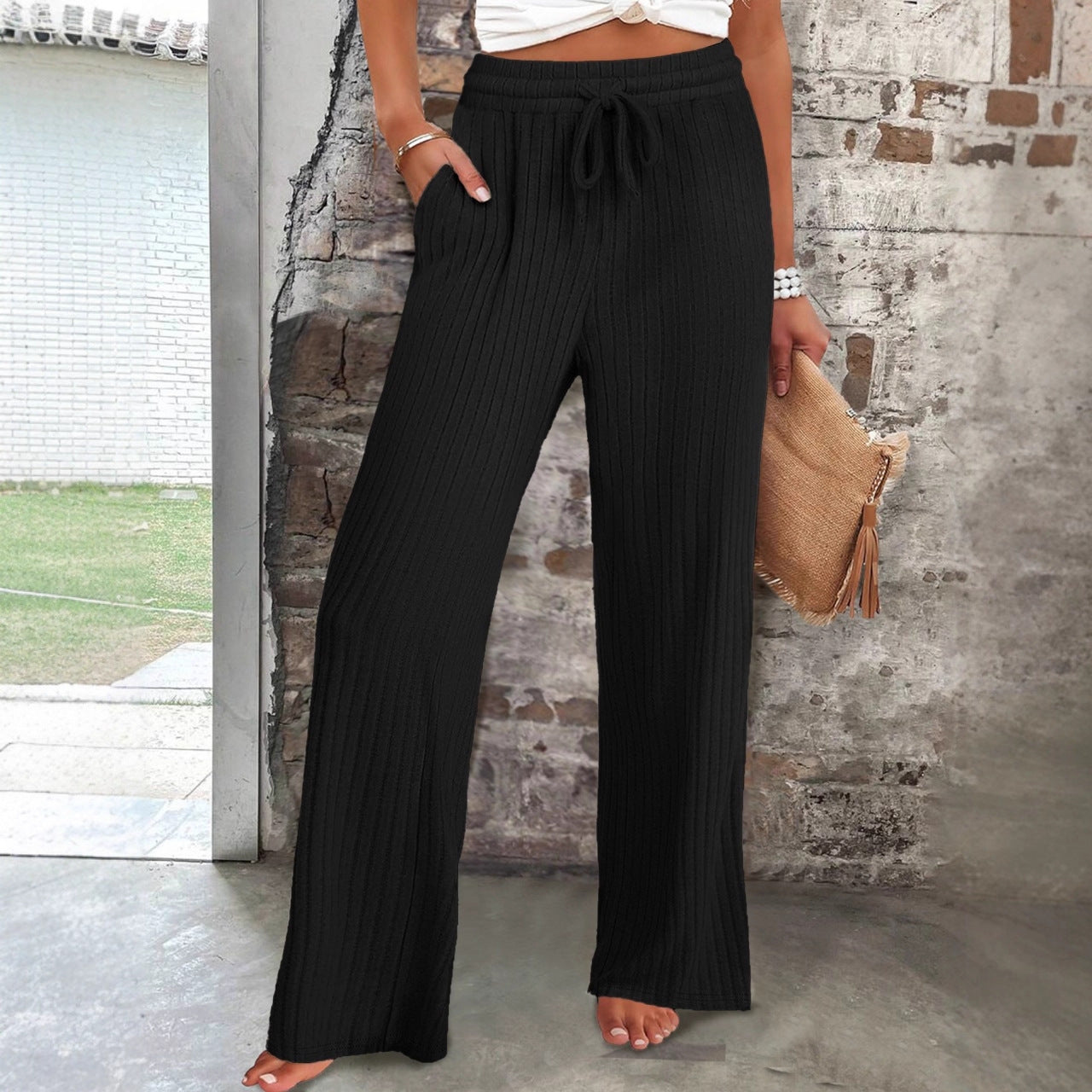 Damen Weiche Rippstrick-Hose mit elastischem Bund und praktischen Taschen R&B