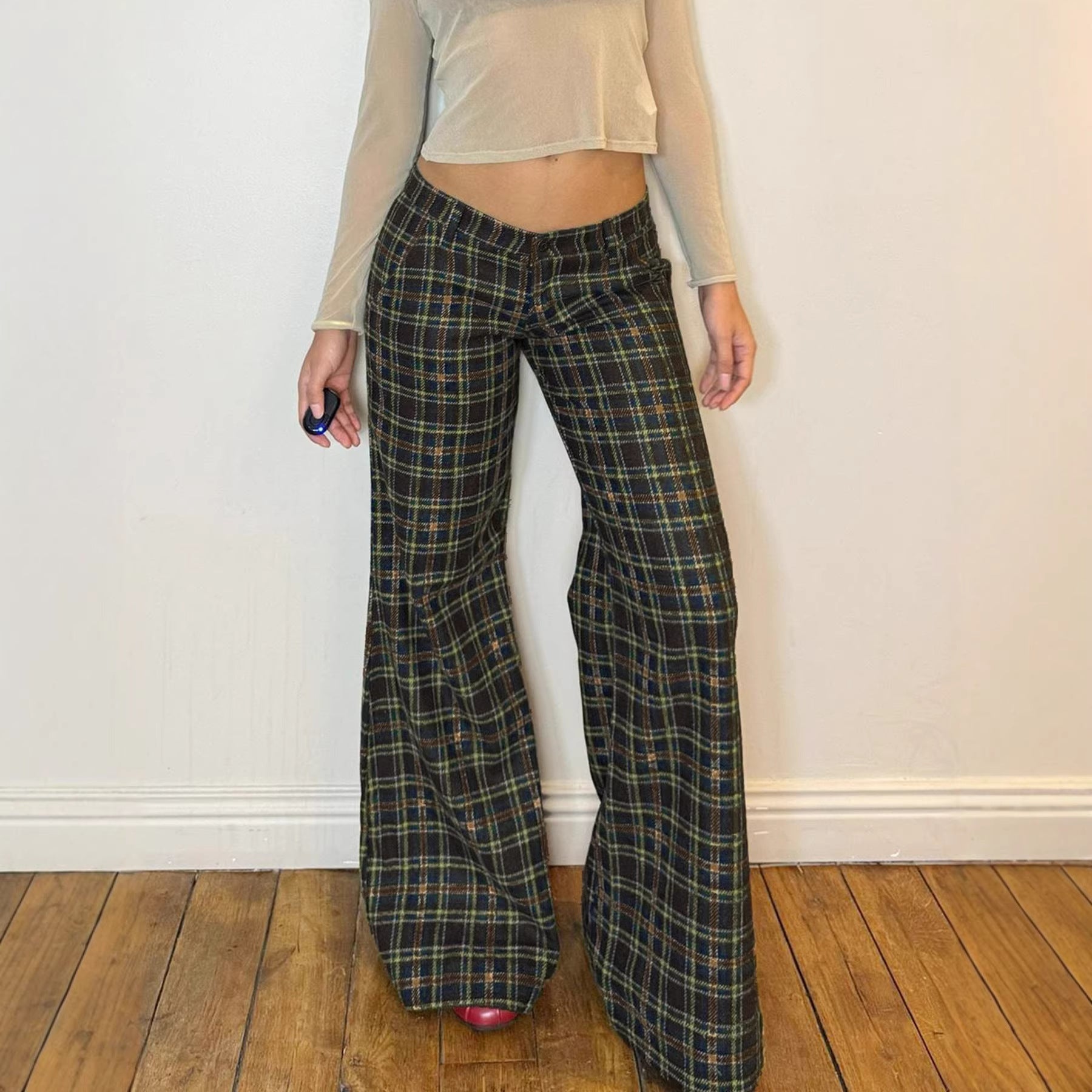 Damen Karierte Schlaghose mit hohem Bund und eleganter Passform R&B