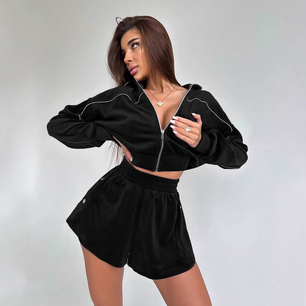 Damen Fleece-Sportset mit Reißverschluss und elastischem Bund R&B