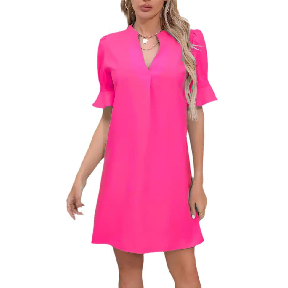 Damen Elegantes Kurzarm-Kleid mit V-Ausschnitt und Schößchen R&B
