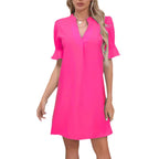 Damen Elegantes Kurzarm-Kleid mit V-Ausschnitt und Schößchen R&B