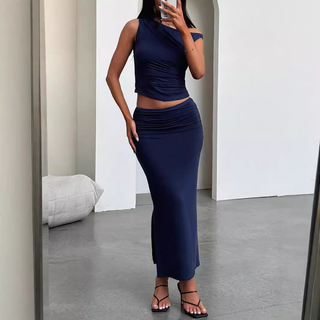 Damen Set aus schulterfreiem Top und Maxi-Rock in gerafftem Design R&B
