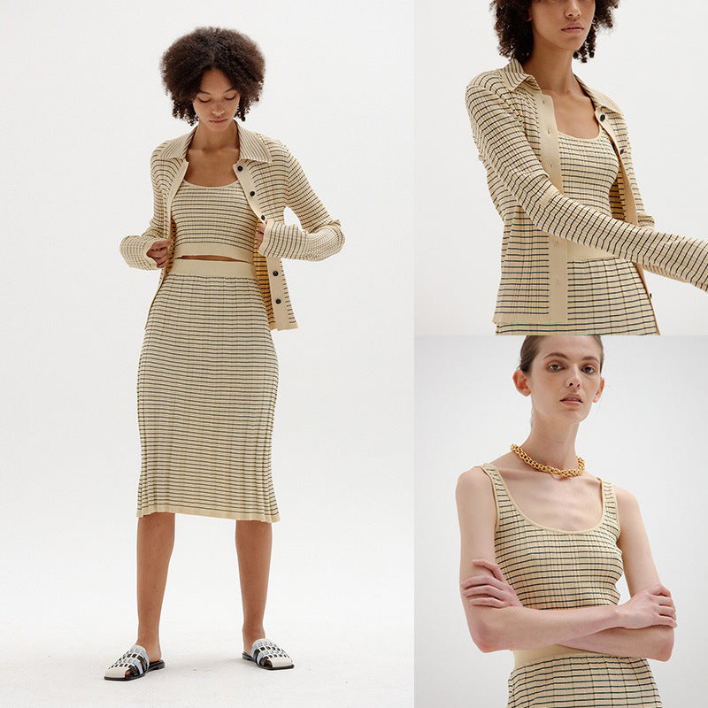 Damen elegantes Strickensemble mit Knopfleiste und hohem Kragen R&B