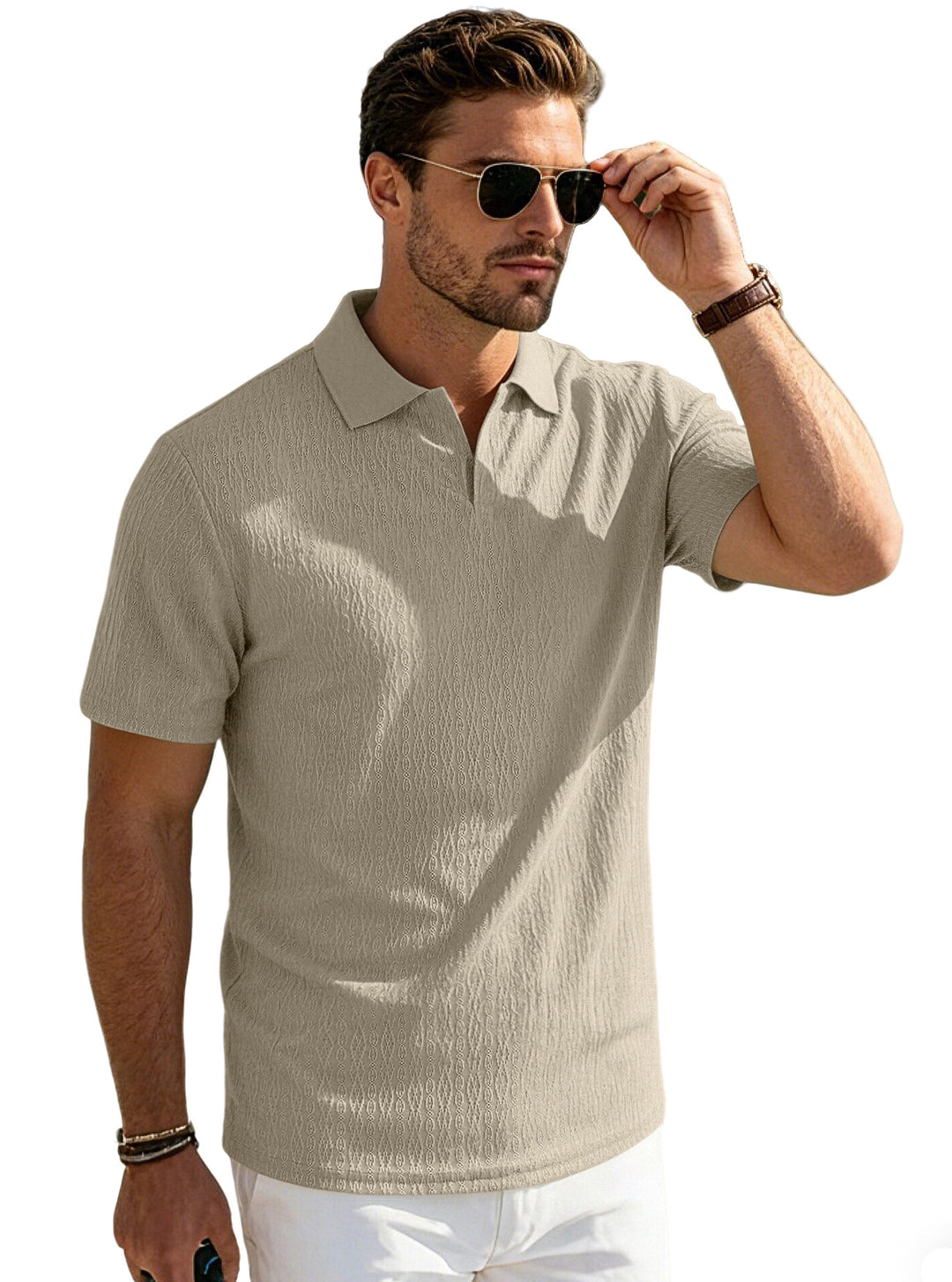 Herren nan elegantes Kurzarm-Polo aus strukturierter Micro-Jacquard-Baumwollmischung mit formstabilem Hemdkragen R&B