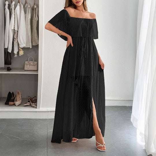 Damen Off-Shoulder Maxikleid mit feinem Punktedesign und Taillenbindung R&B