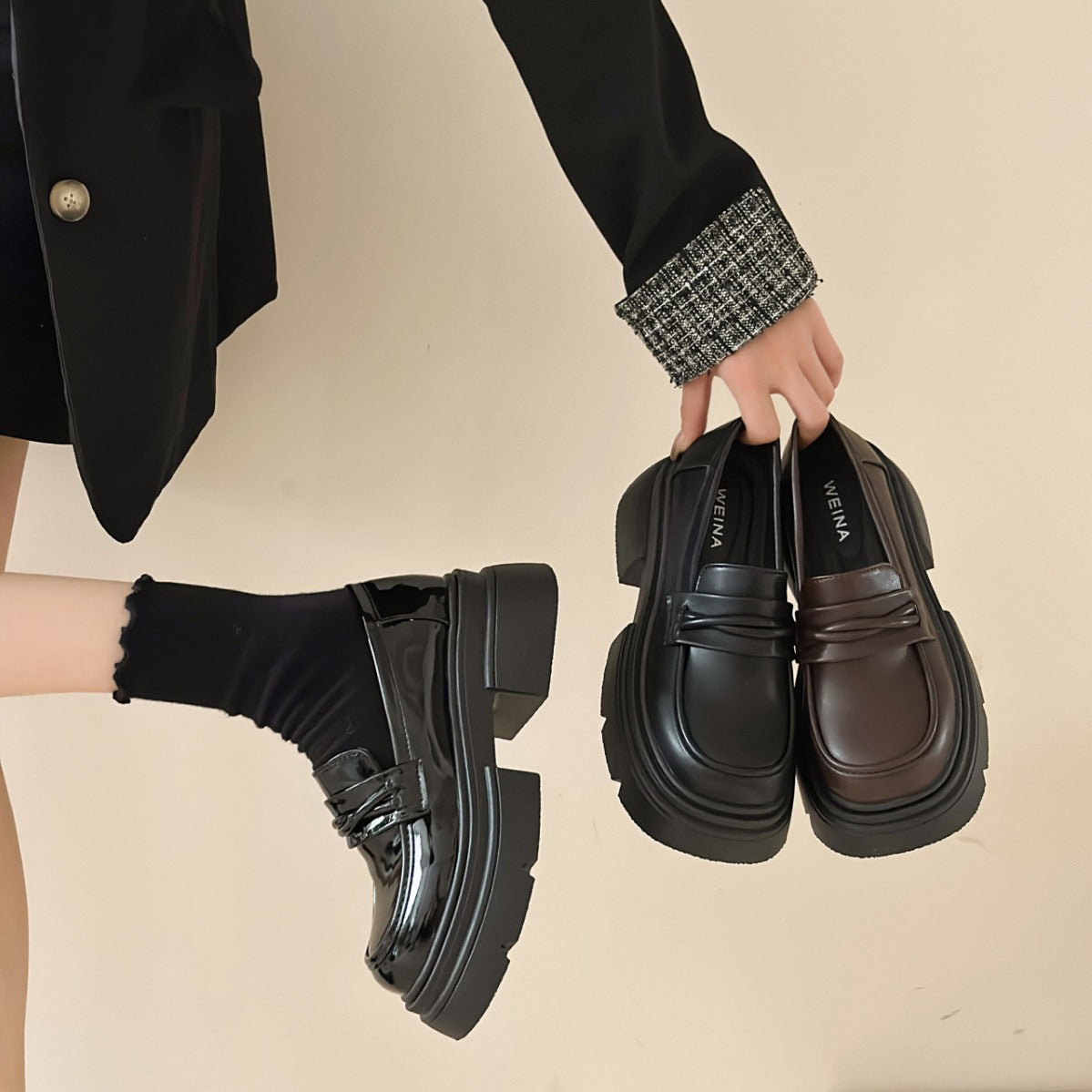 Damen Modische Loafers mit glänzender Oberfläche und robustem Plateau R&B
