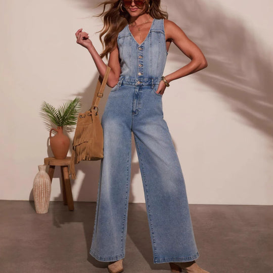 Damen Weit geschnittene Jeans-Jumpsuit mit Knopfleiste und tiefem V-Ausschnitt R&B
