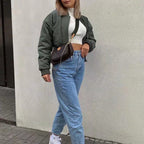 Damen modische cropped Bomberjacke mit praktischen Taschen und elastischen Bündchen R&B