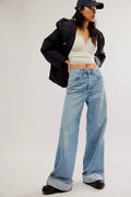 Damen Weit geschnittene High-Waist Jeans mit modischem Saum R&B