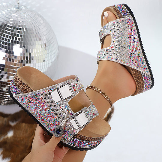 Damen Komfortable Sandalen mit dekorativen Schnallen und buntem Glitzerdesign R&B