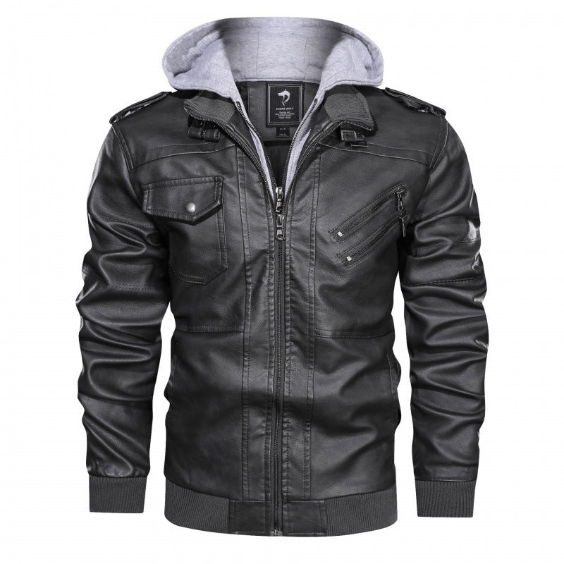 Herren Kunstlederjacke mit abnehmbarer Kapuze und praktischen Taschen R&B