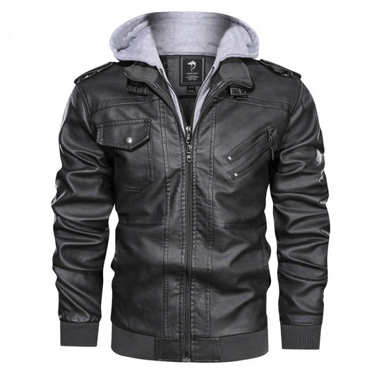 Herren Kunstlederjacke mit abnehmbarer Kapuze und praktischen Taschen R&B