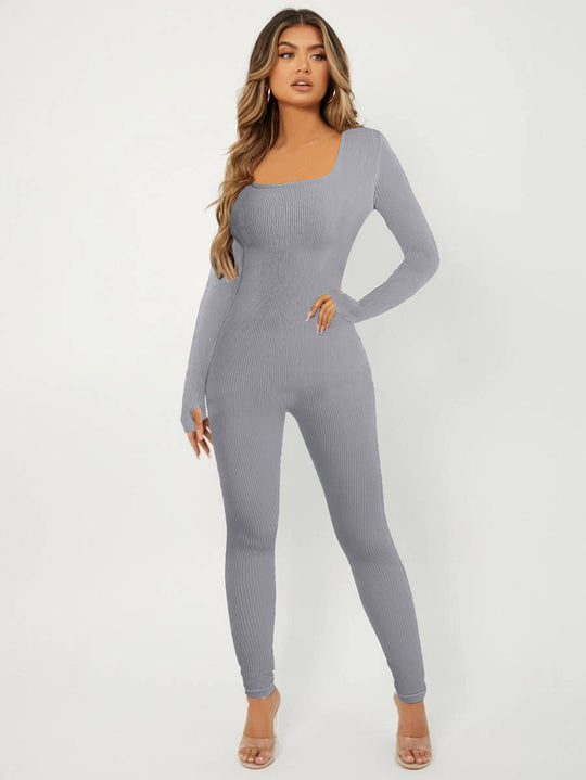 Damen Langarm Jumpsuit im eleganten Rippenmuster R&B