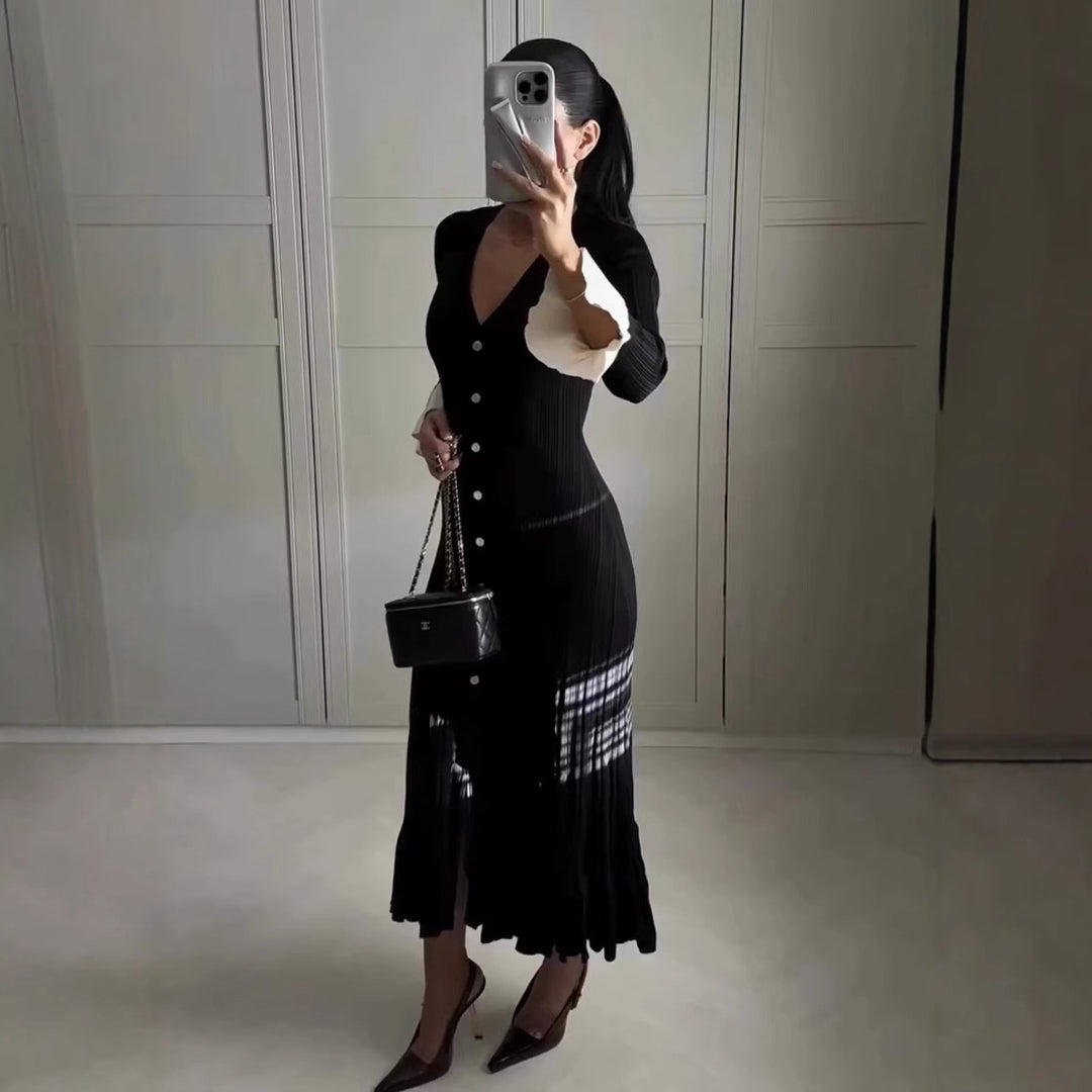 Damen Maxikleid mit eleganten Rüschenärmeln und Knopfdetails R&B