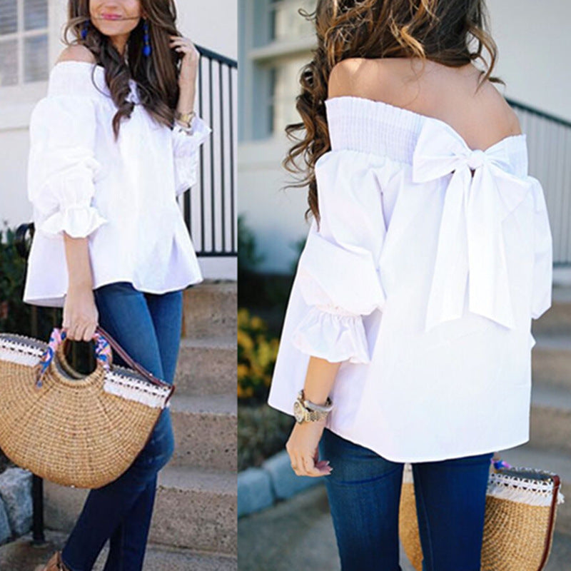 Damen Off-Shoulder Bluse mit Puffärmeln und Schleifendetail R&B