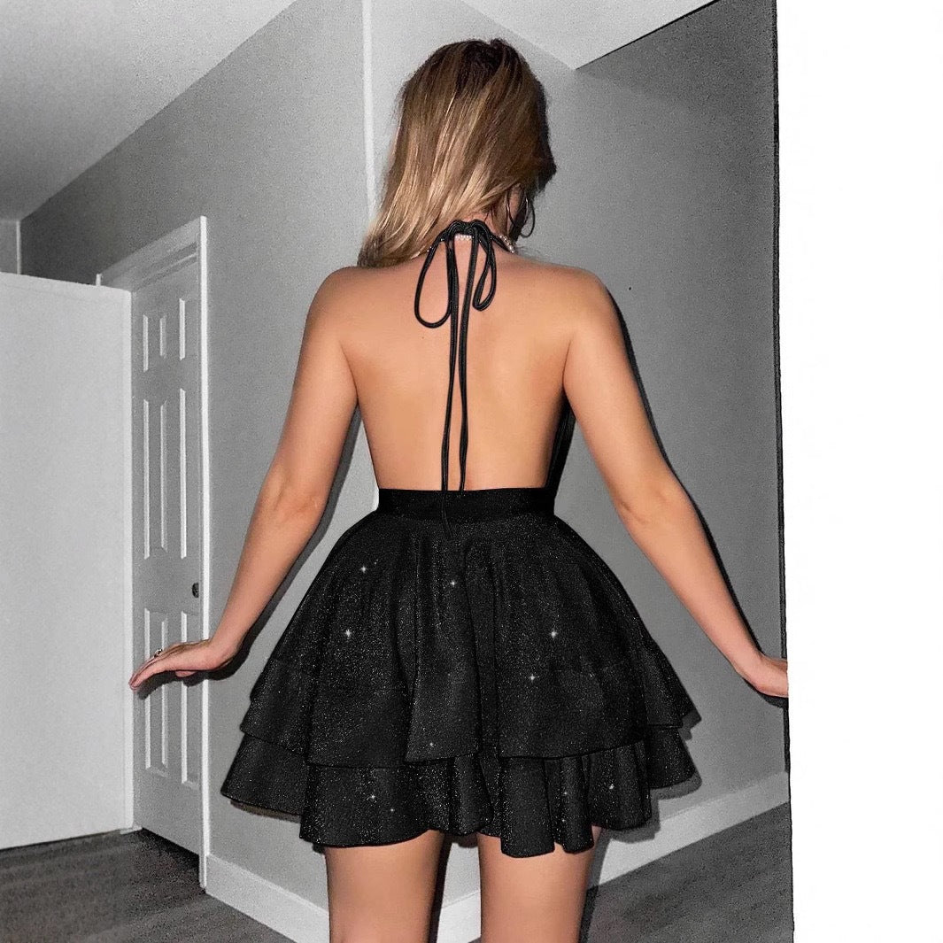 Damen Verspielt Glamouröses Minikleid mit tiefem V-Ausschnitt und schwingendem Rock R&B