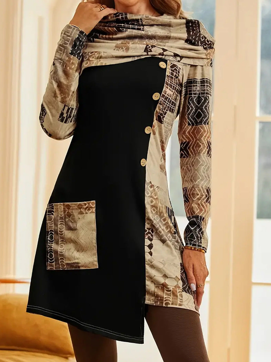 Damen modisches Tunika-Kleid mit kunstvollem Patchwork-Design und Knopfdetails