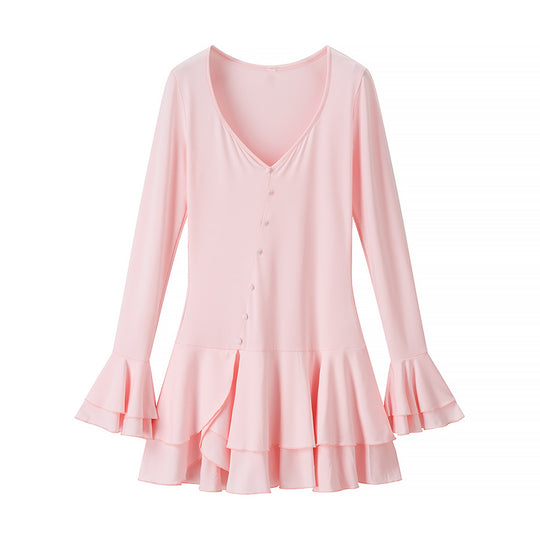 Damen Blusenkleid mit voluminösem Rüschensaum und eleganter Knopfdetailierung R&B