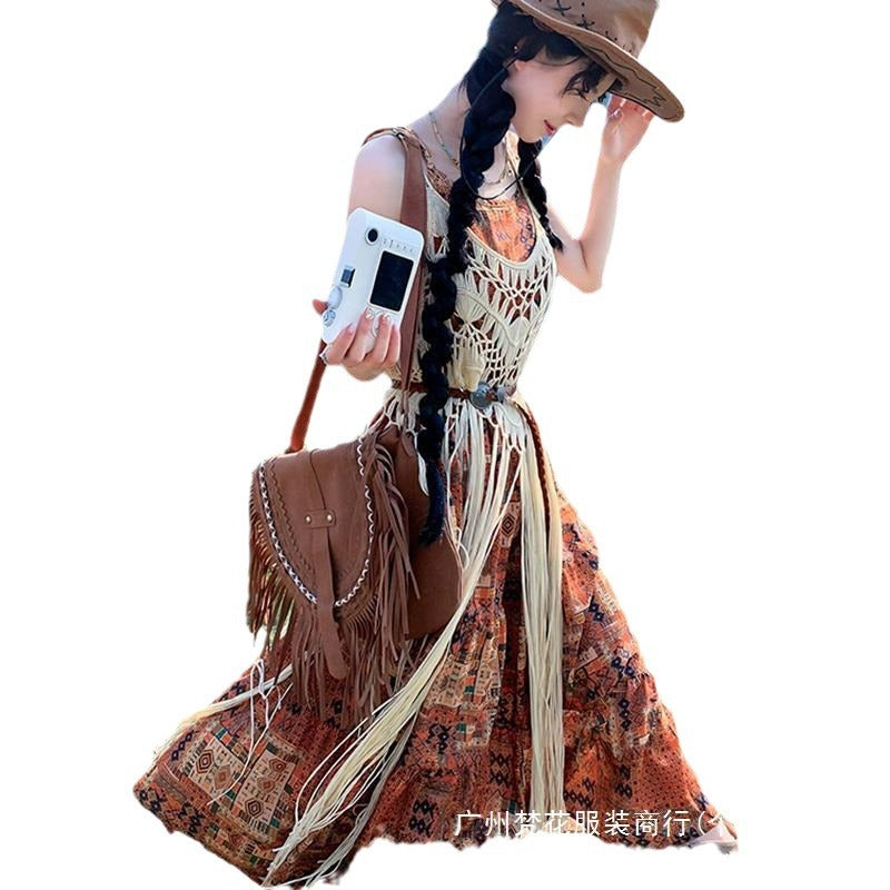 Damen Boho Chic Maxi-Kleid mit Fransen und gehäkeltem Oberteil R&B