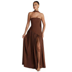 Damen Elegantes Maxikleid mit schulterfreier Silhouette und raffiniertem Schlitz R&B