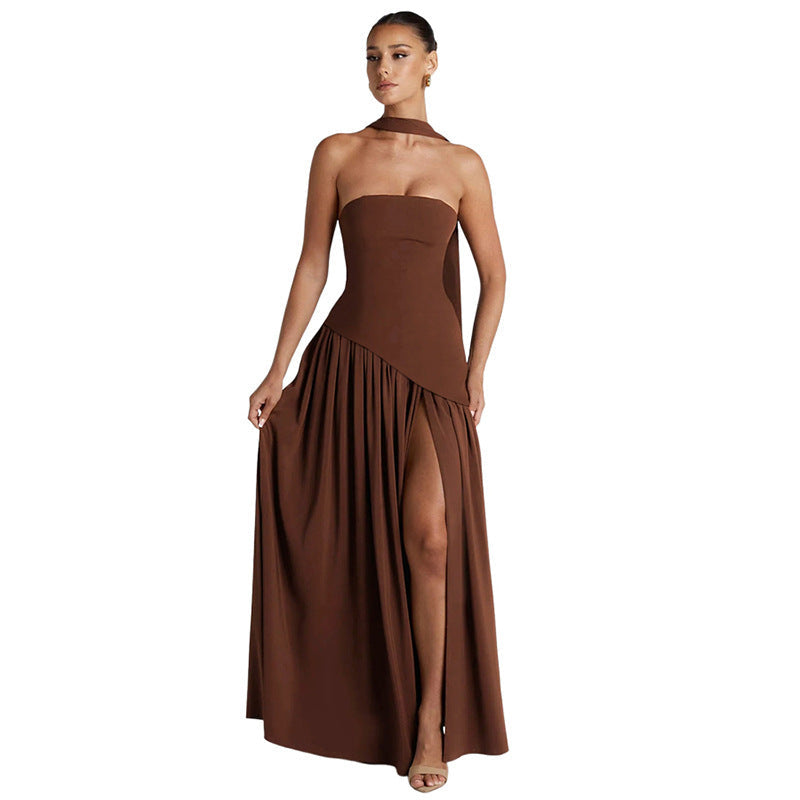 Damen Elegantes Maxikleid mit schulterfreier Silhouette und raffiniertem Schlitz R&B