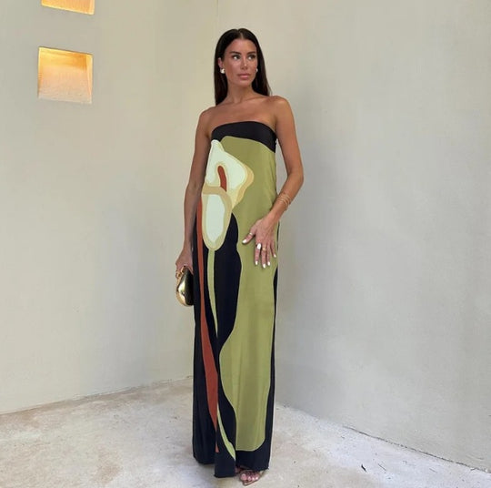 Damen Maxikleid mit lässigem schulterfreiem Design und floralem Print R&B